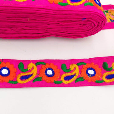 Fuchsia Pink Floral Mirrored Trim With Orange Flowers And Yellow Paisley Embroidery, Decorative Trimming, Trim By 3 Yards